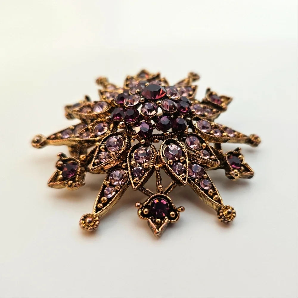 Vintage Bohemian Style Sparkling Purple Rhinestone Gold Tone Brooch
